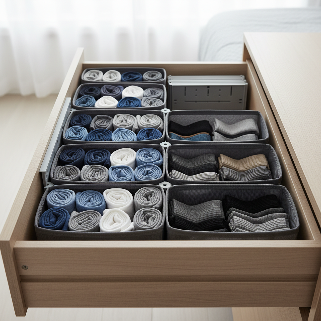 Underwear drawer organizer bins and adjustable dividers fitted inside a dresser drawer
