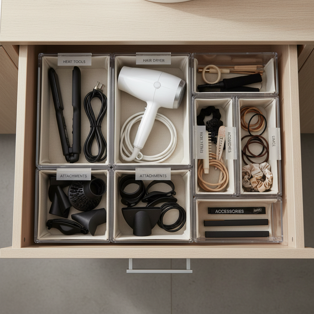 Bathroom drawer zoning diagram for hair tools and accessories
