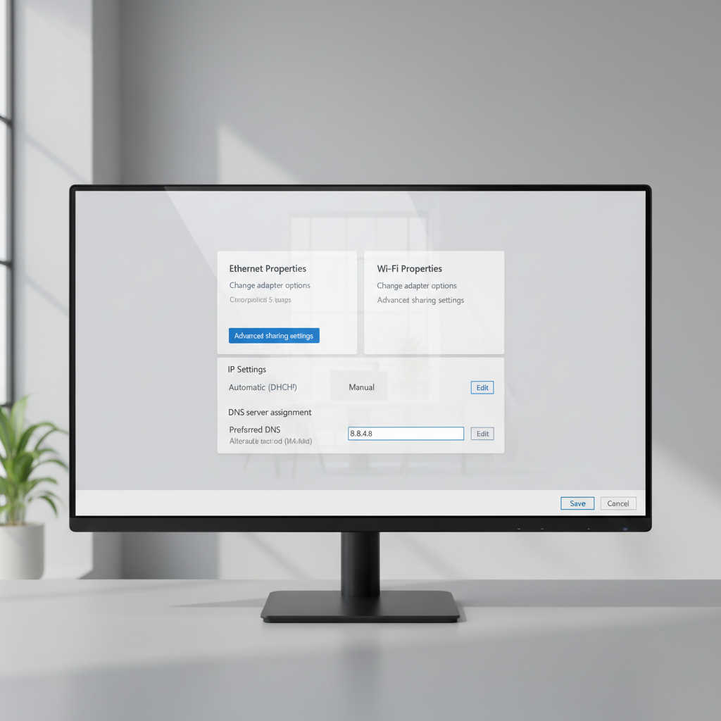Windows network settings showing DNS and adapter options for gaming