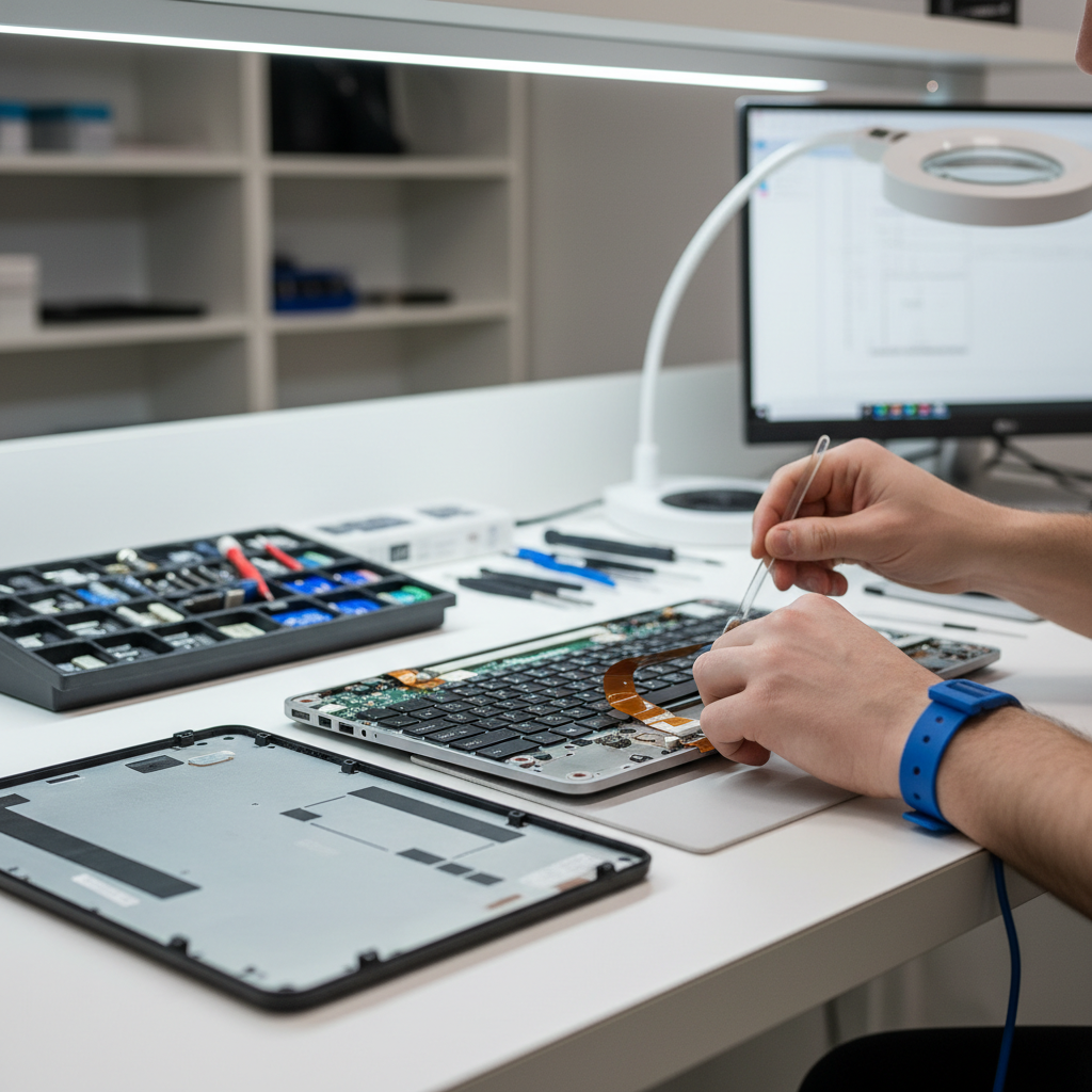 Technician inspecting laptop keyboard ribbon cable connection