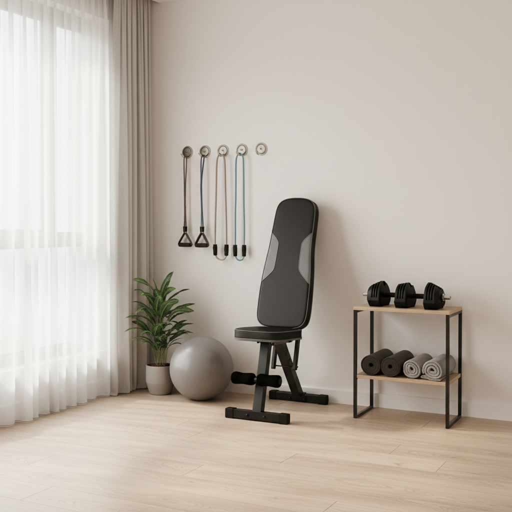 Compact apartment corner home gym setup with foldable equipment and storage