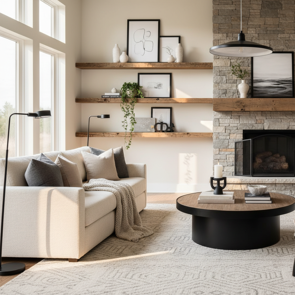 Warm rustic living room with DIY reclaimed wood shelves and soft neutral decor