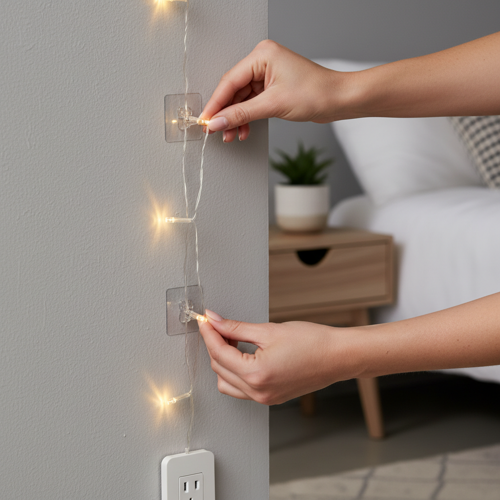 Hands installing string lights with clear wall clips and a tidy cable route