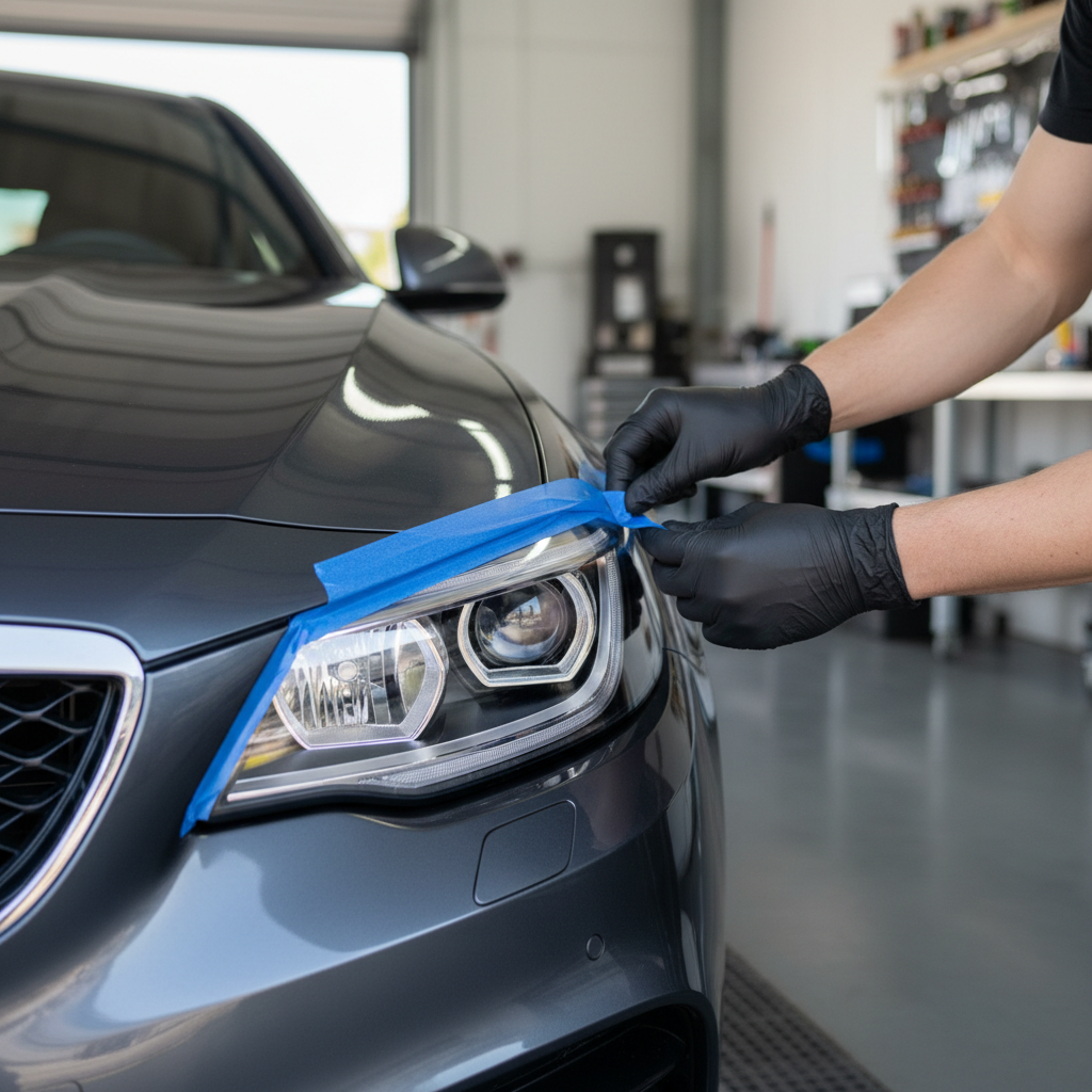 Taping around a headlight before polishing with toothpaste