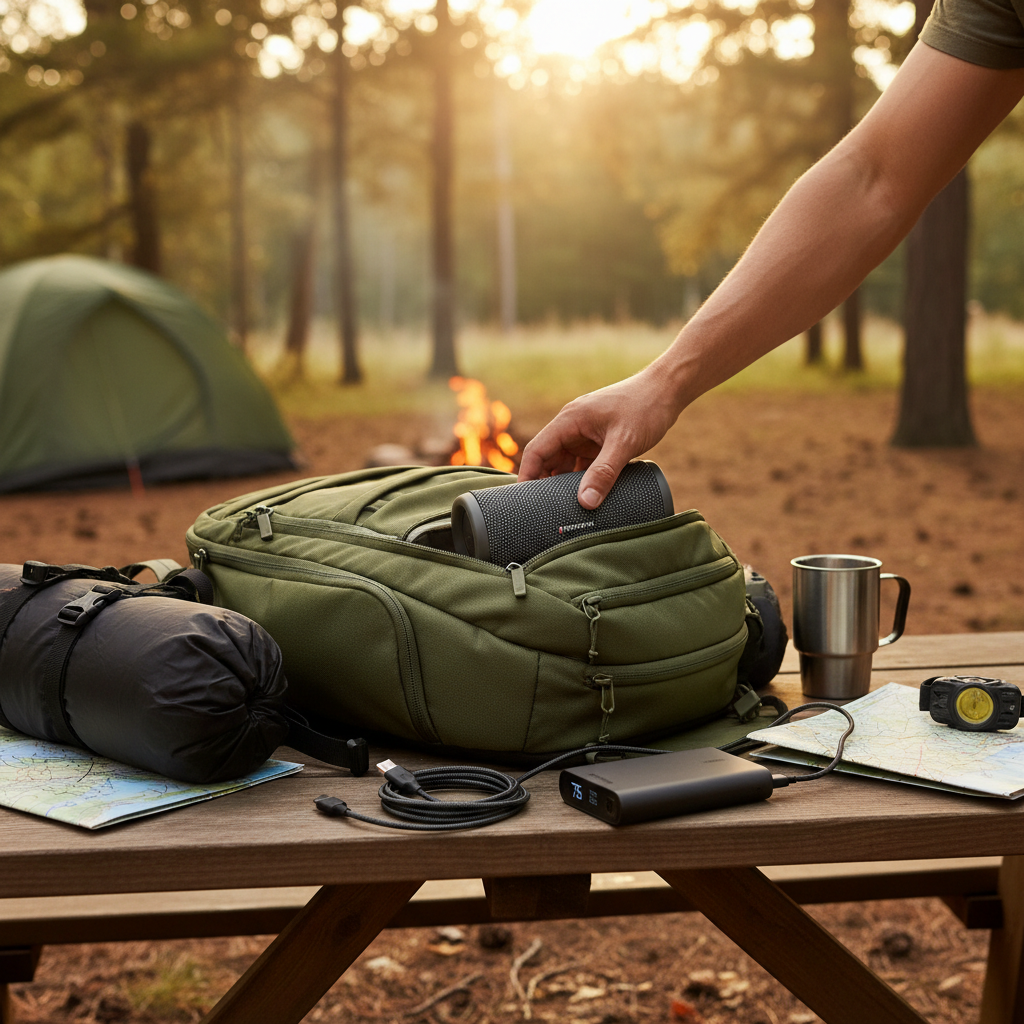 Person packing a portable speaker for a camping trip with USB-C cable and power bank