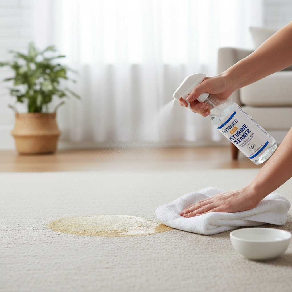 Applying enzymatic cleaner to pet urine area on carpet with blotting towels