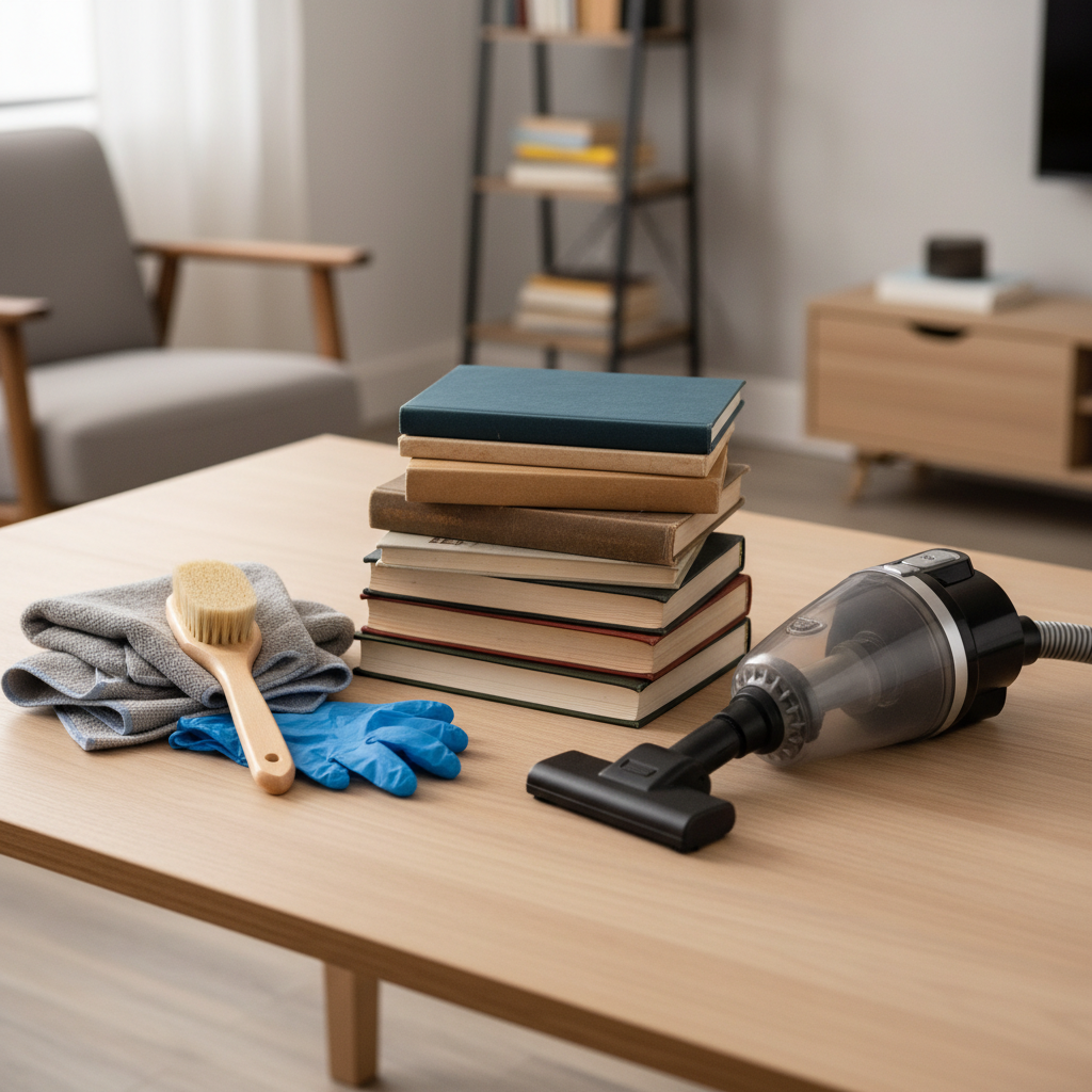 Safe book cleaning setup with microfiber cloth, soft brush, and books on a table