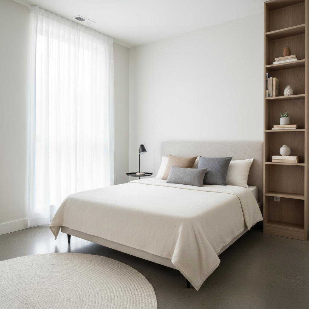 Narrow depth bookshelf next to a bed in a small bedroom layout