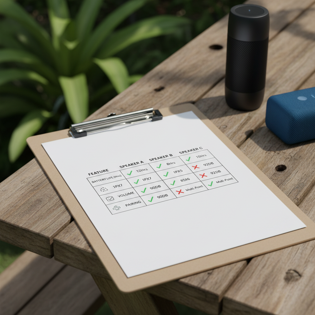 Comparison checklist for outdoor Bluetooth speakers with IP rating and battery life
