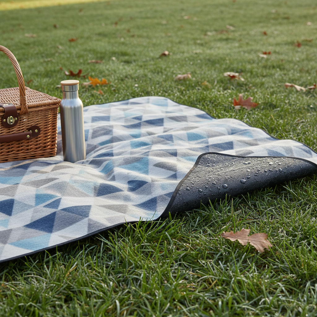 Waterproof picnic blanket on damp grass at a park