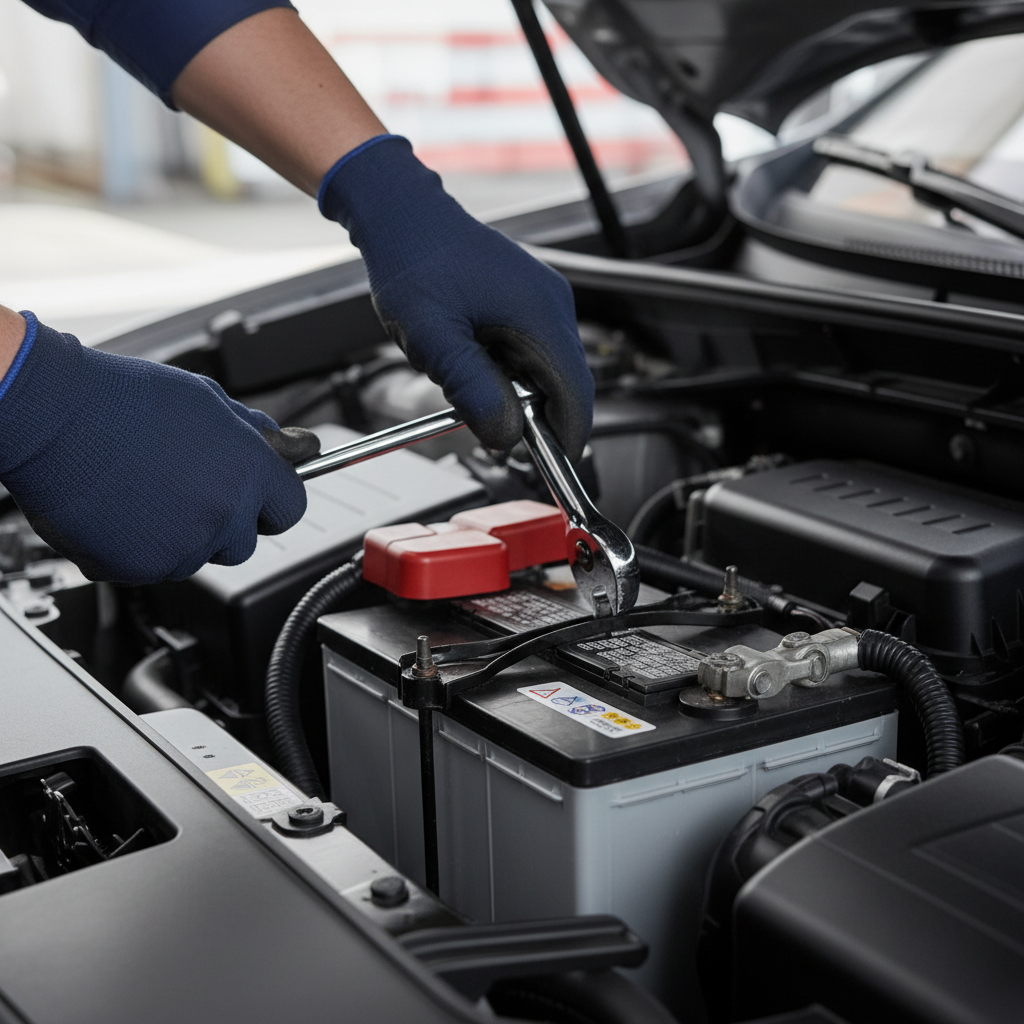 Close-up of a mechanic loosening a car battery terminal clamp with a wrench
