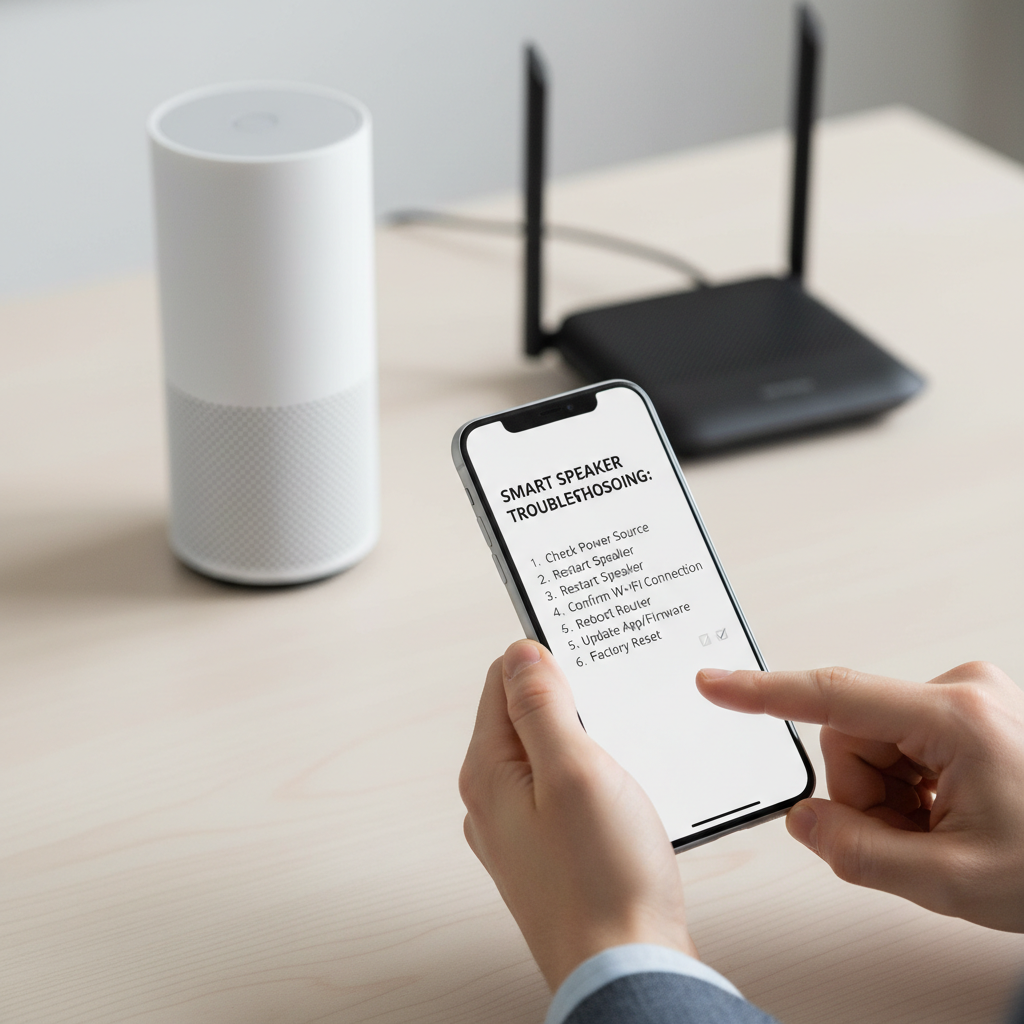 Troubleshooting smart speaker connection issues using a checklist on a phone