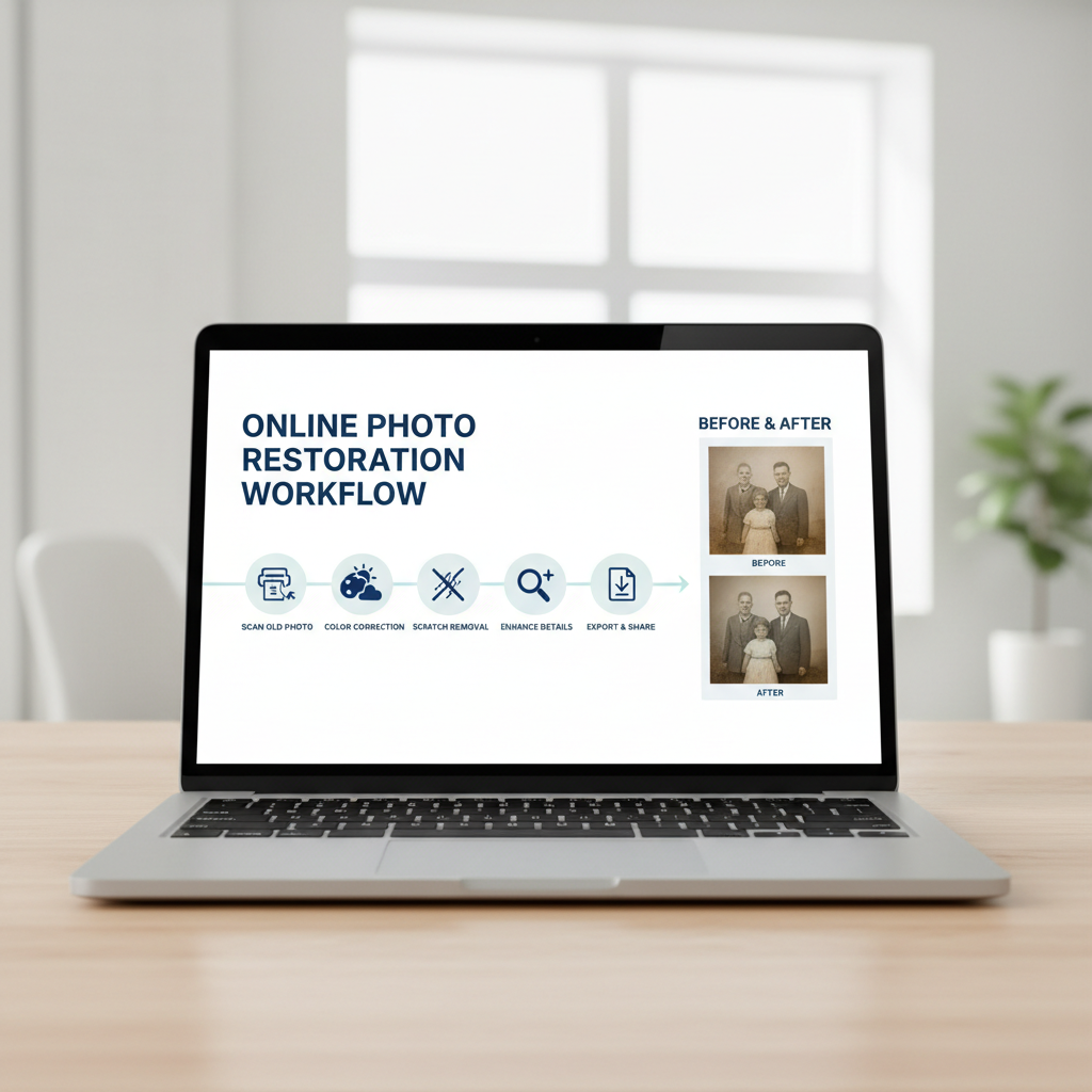 Step-by-step online photo restoration workflow diagram on a laptop screen