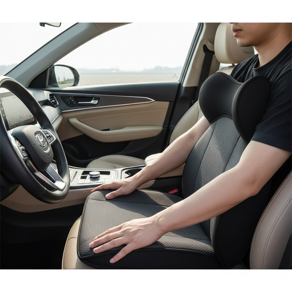 Driver adjusting lumbar support and seat cushion position before a long drive