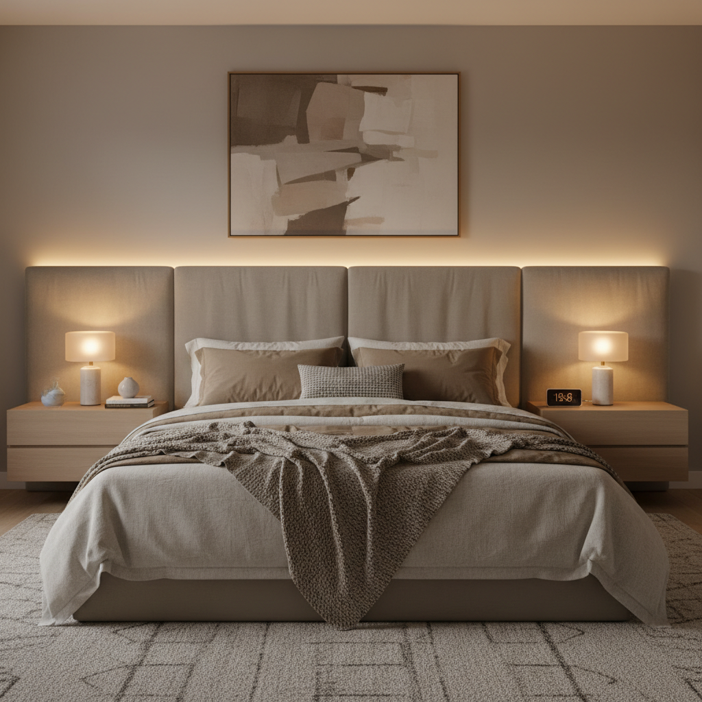 Warm accent lighting behind headboard with LED strip for cozy ambiance
