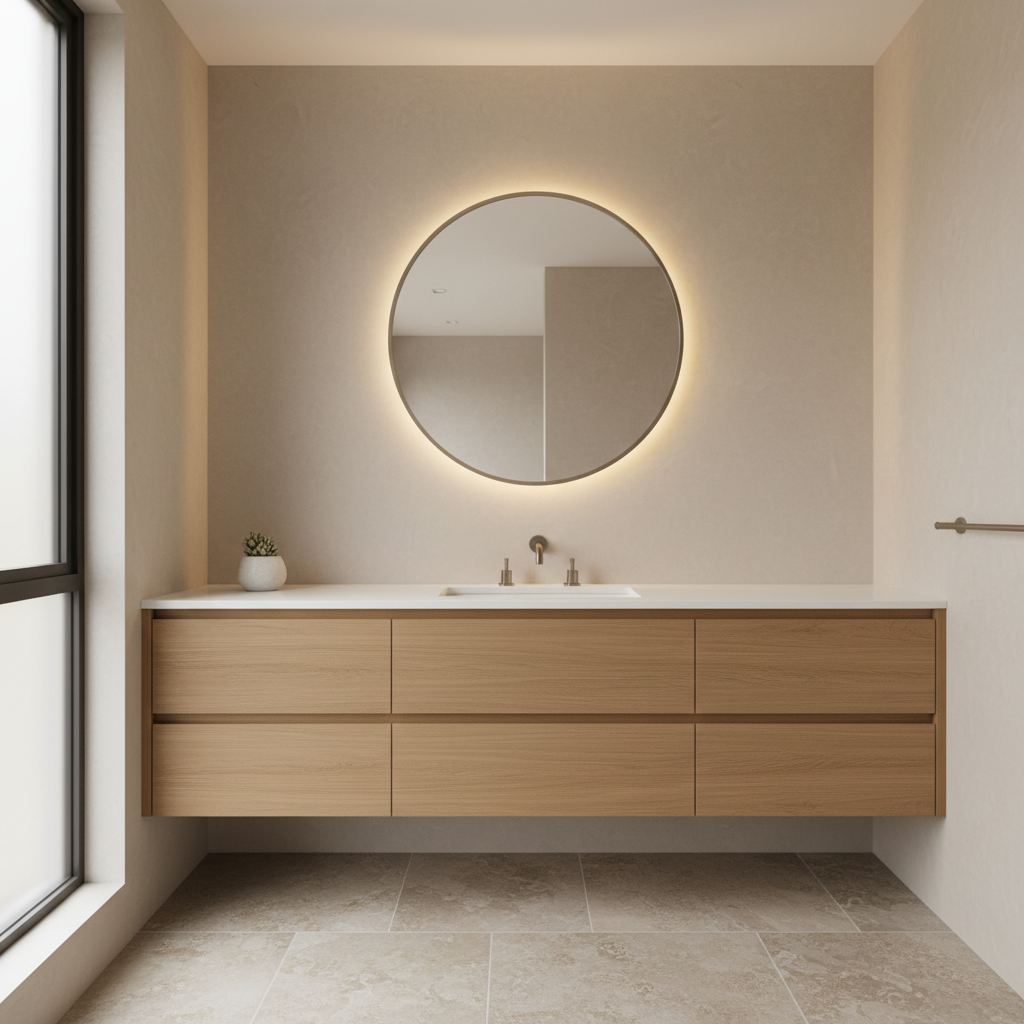 Modern bathroom with warm wood vanity, microcement walls, and layered lighting