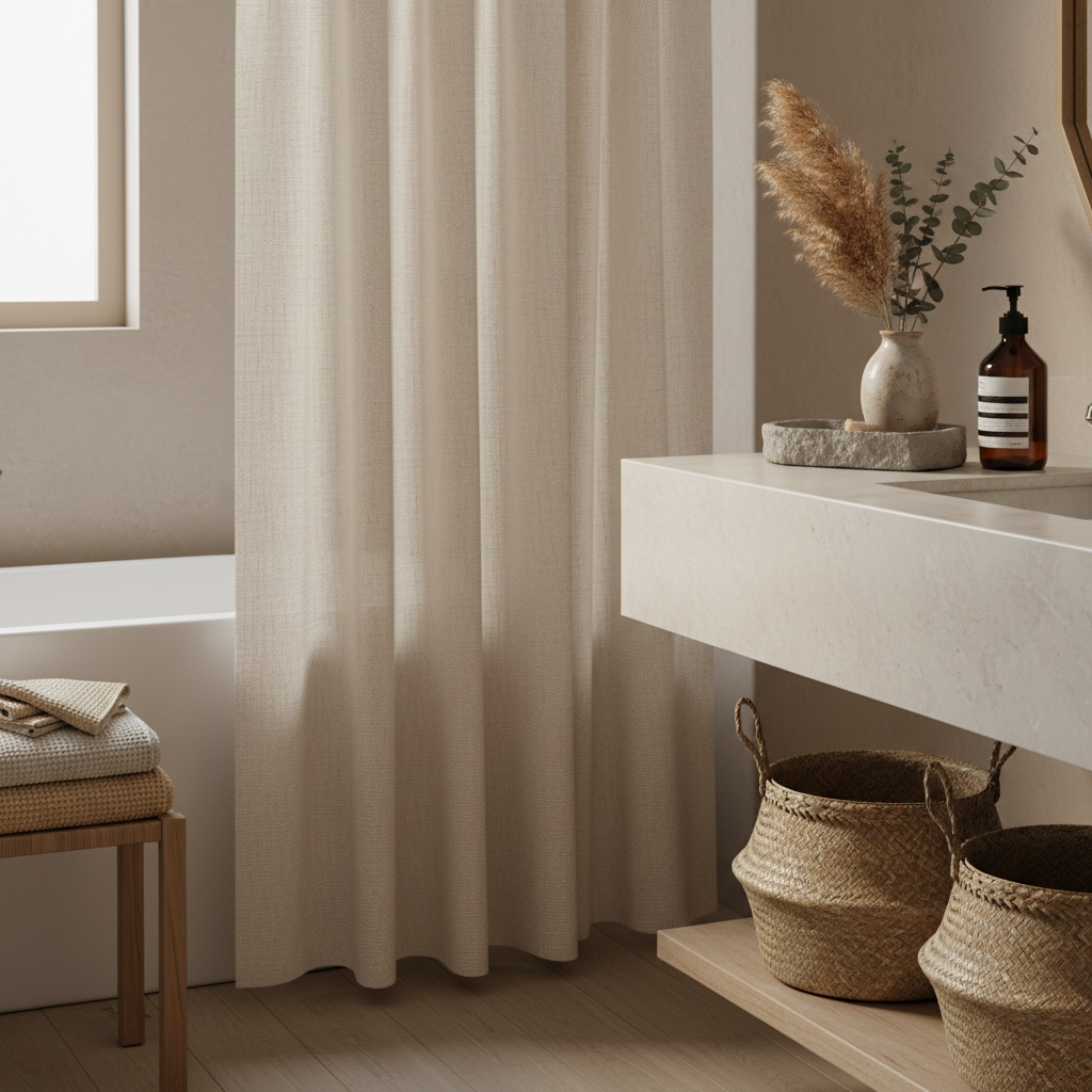 Coastal neutral bathroom decor styling with linen textiles, minimal accessories, and natural basket storage