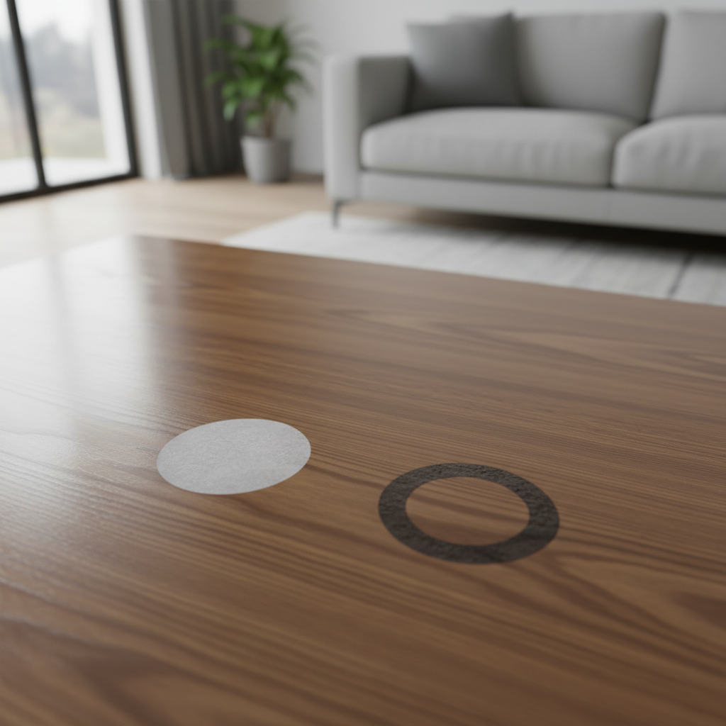 White and dark water rings on a wood coffee table finish comparison