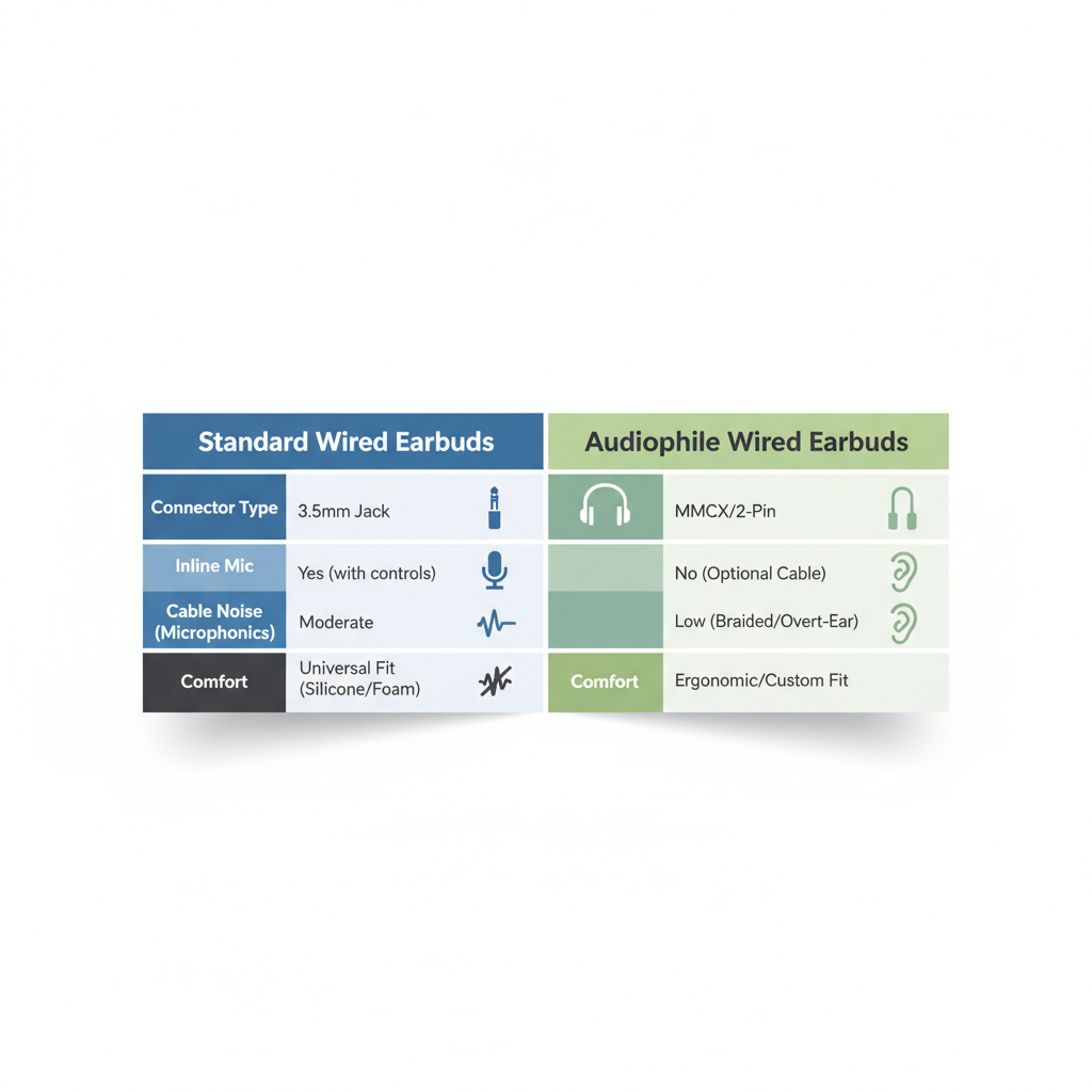 Comparison table of wired earbuds mic features and connectors