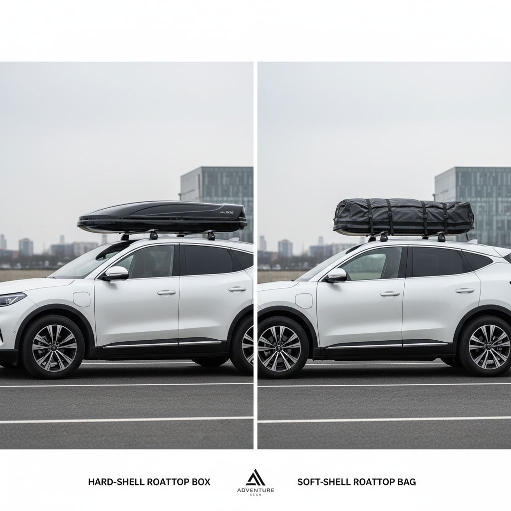 Comparison of hard roof box and soft roof bag on car roof racks
