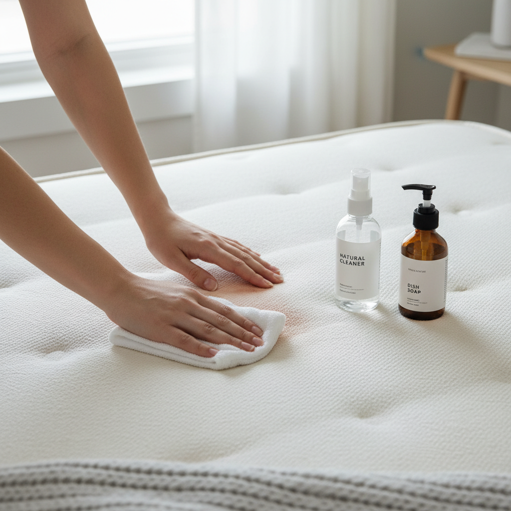 Spot cleaning a mattress stain with a white cloth and gentle cleaning solution