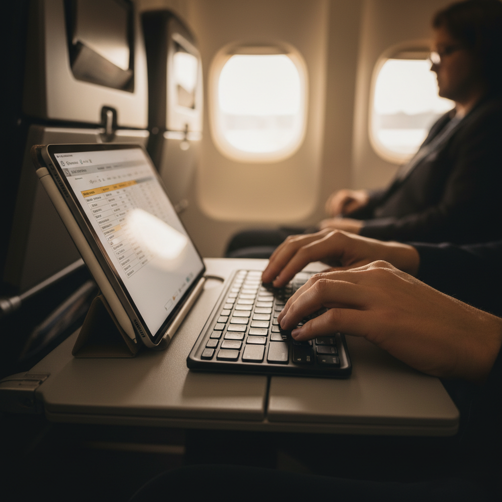 Traveler testing a compact keyboard on an airplane tray table