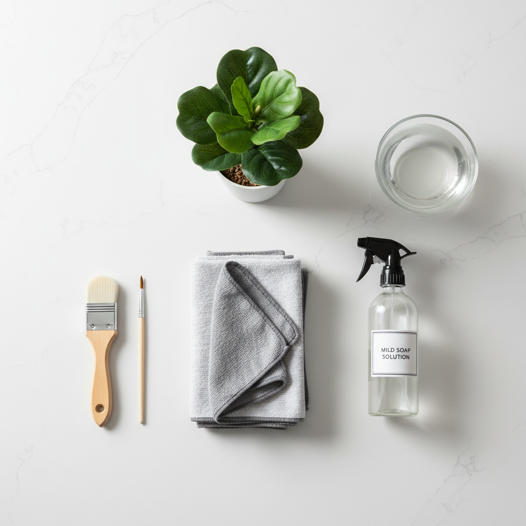 Cleaning tools for artificial plants: microfiber cloth, soft brush, spray bottle