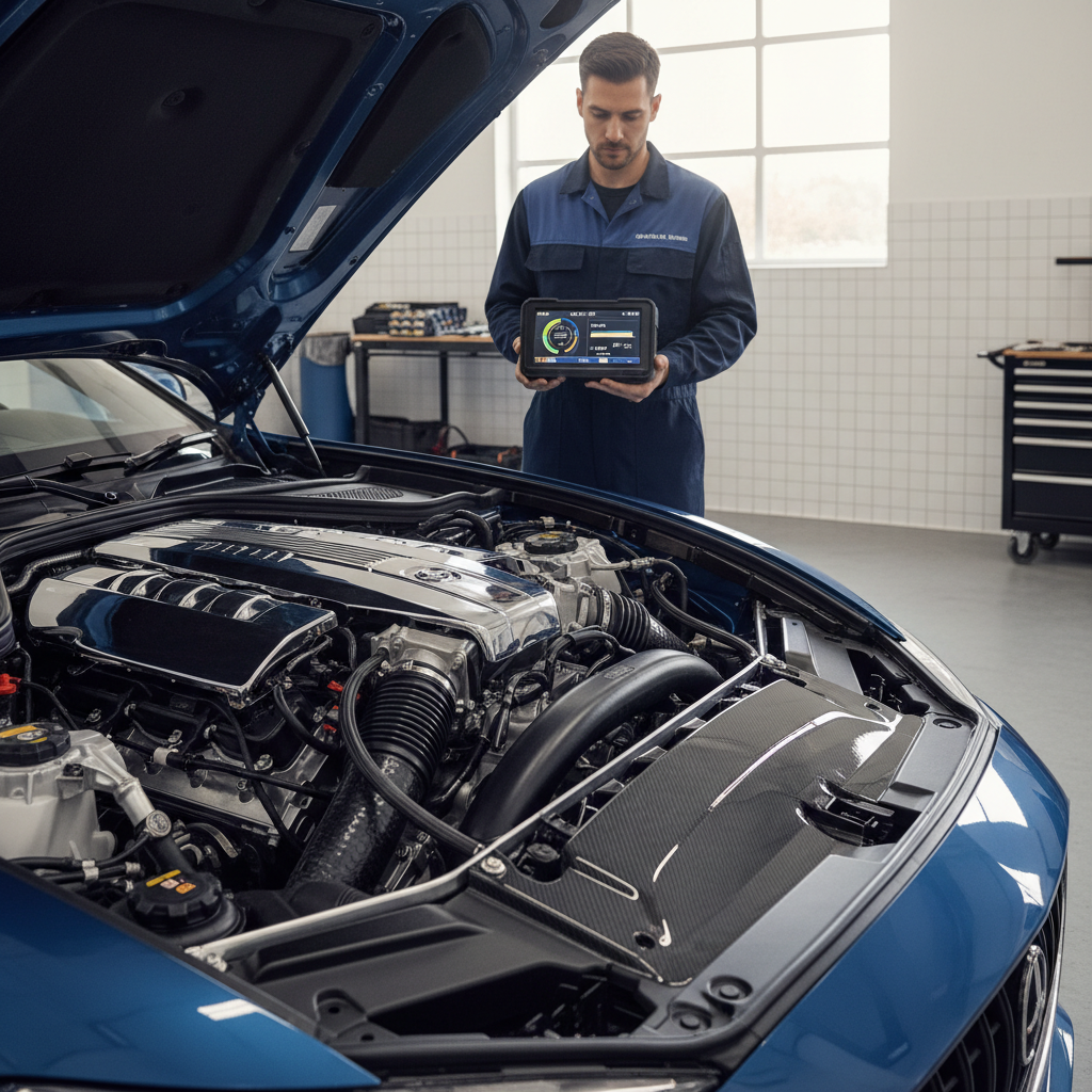 Mechanic checking engine oil level without a dipstick using an OBD2 scanner