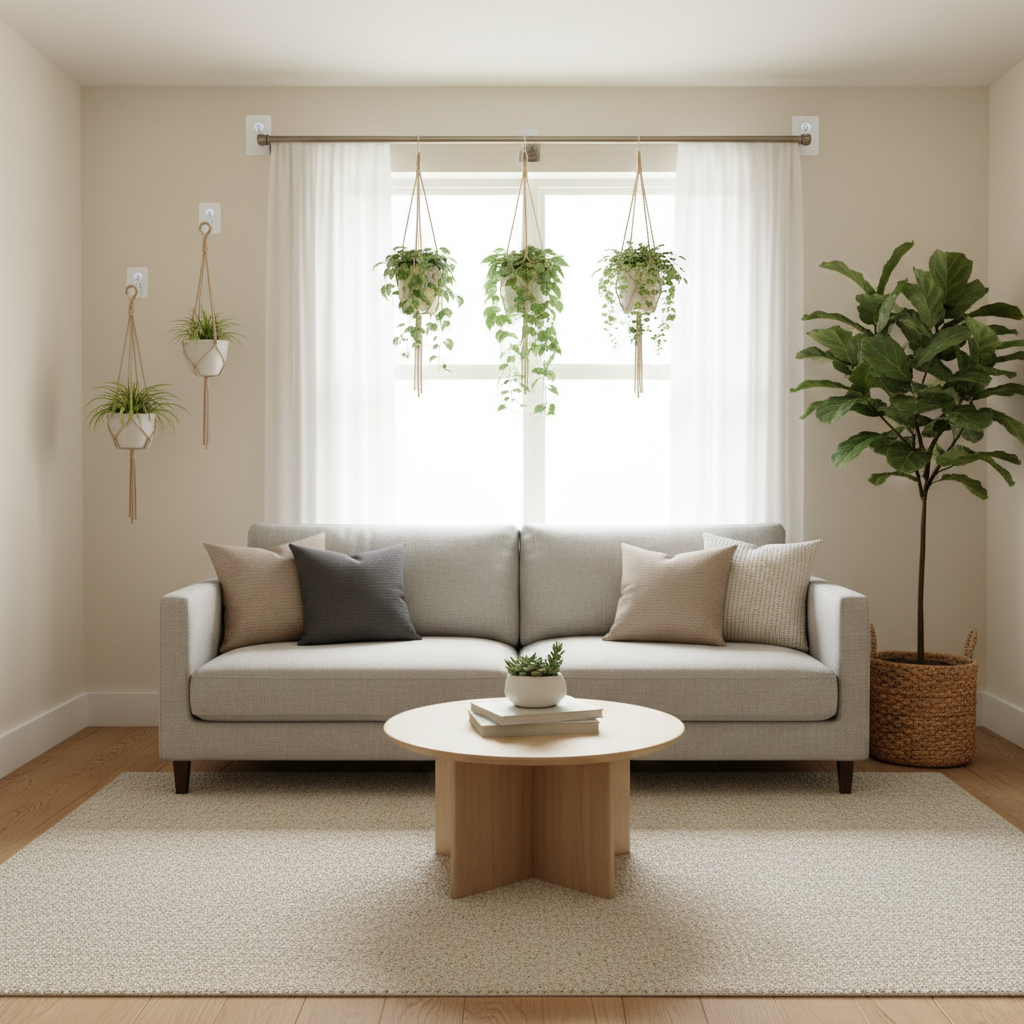 No-drill hanging plant setup in a bright rental living room