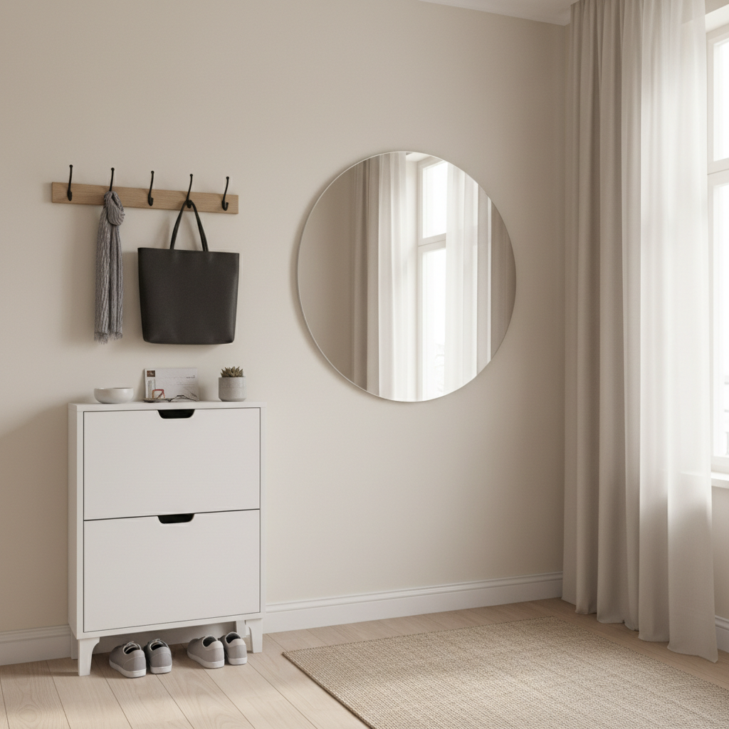 Small home entryway drop zone with wall hooks and slim shoe cabinet