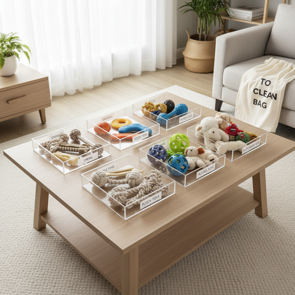 Pet toy sorting categories on a coffee table before placing into bins