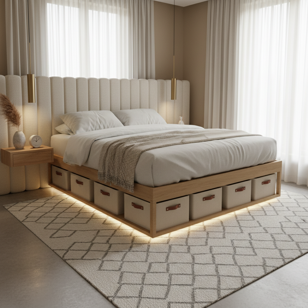 Under-bed storage bins neatly organized in a small bedroom