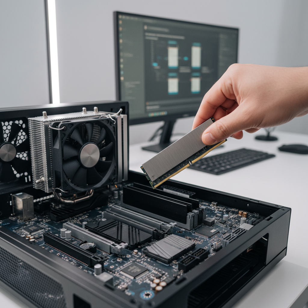 Beginner inspecting desktop PC RAM slots on a motherboard