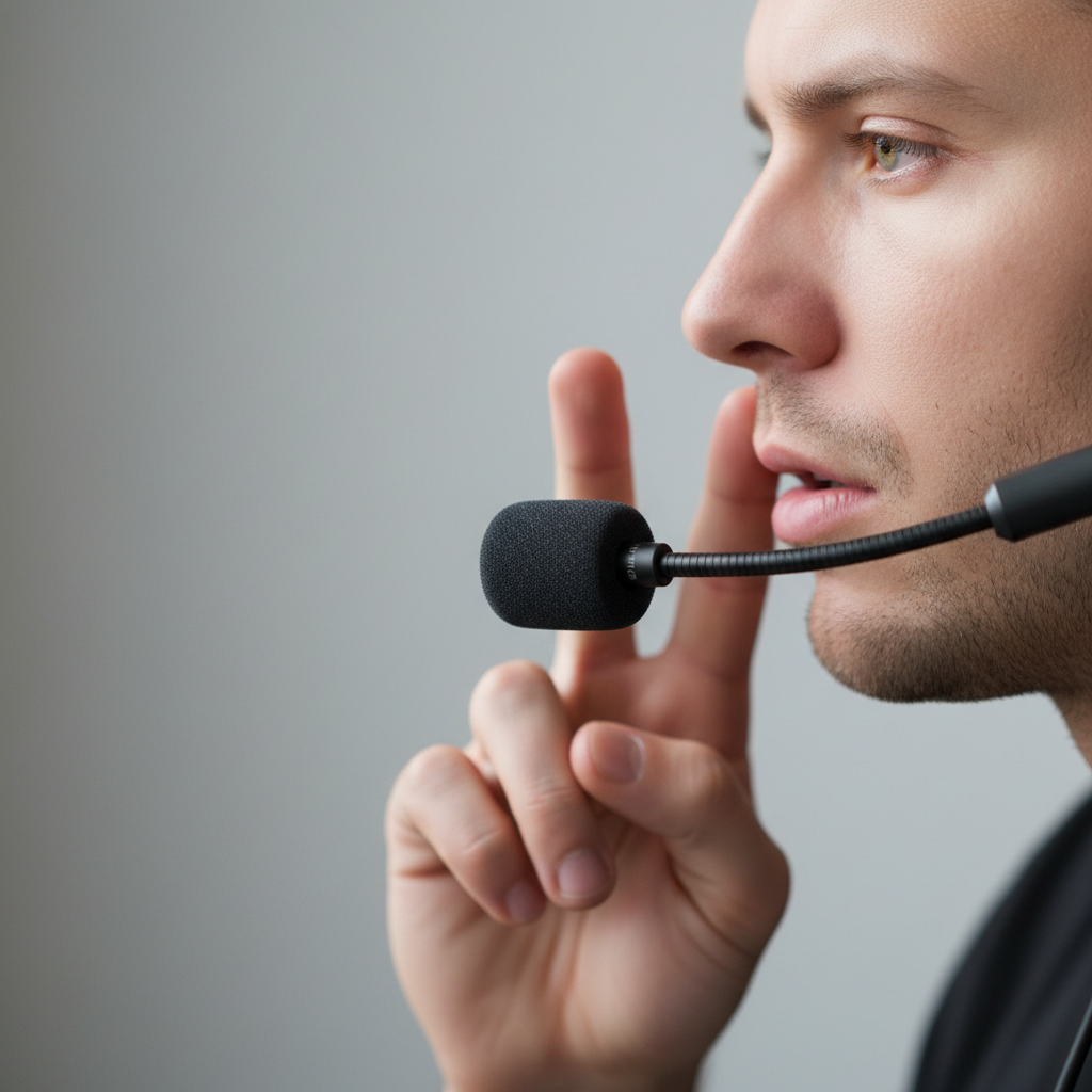 Close-up of a gaming headset boom microphone positioned correctly near the mouth