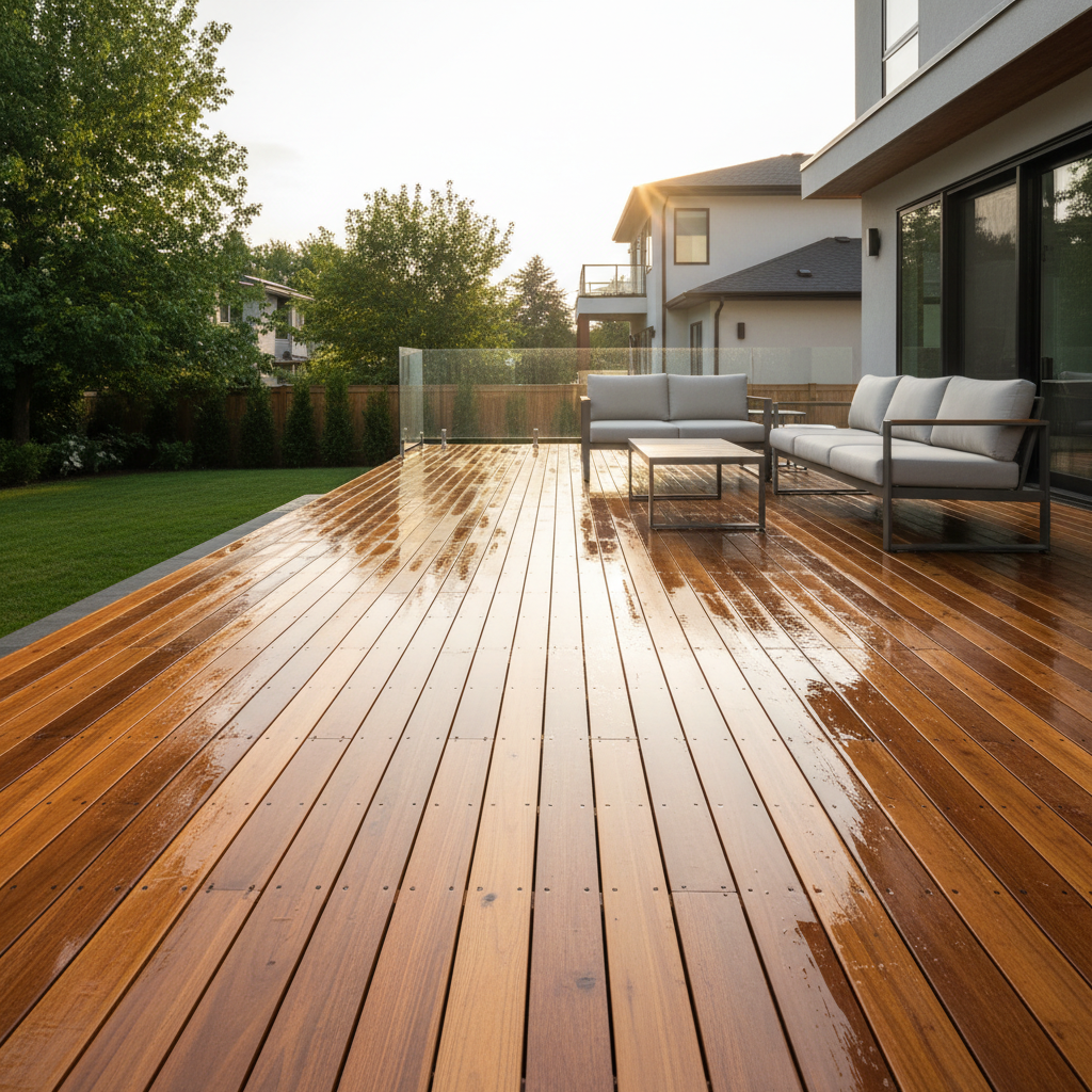 Clean wooden deck drying in sunlight with good airflow after mold and algae removal