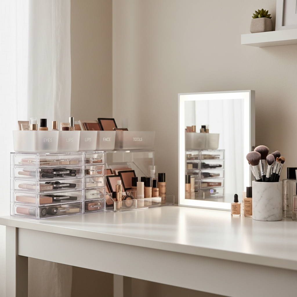 Organized makeup vanity with clear acrylic drawers and labeled bins