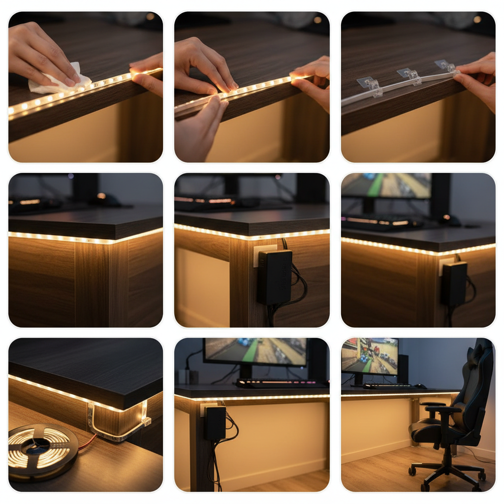 Step-by-step LED strip installation under a gaming desk with cable management and corner routing