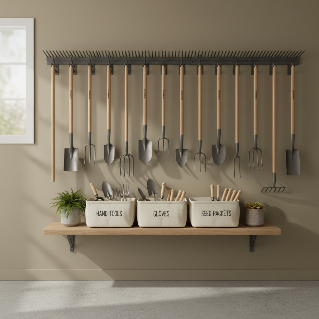 Organized garage wall with gardening tools on hooks and a small potting shelf