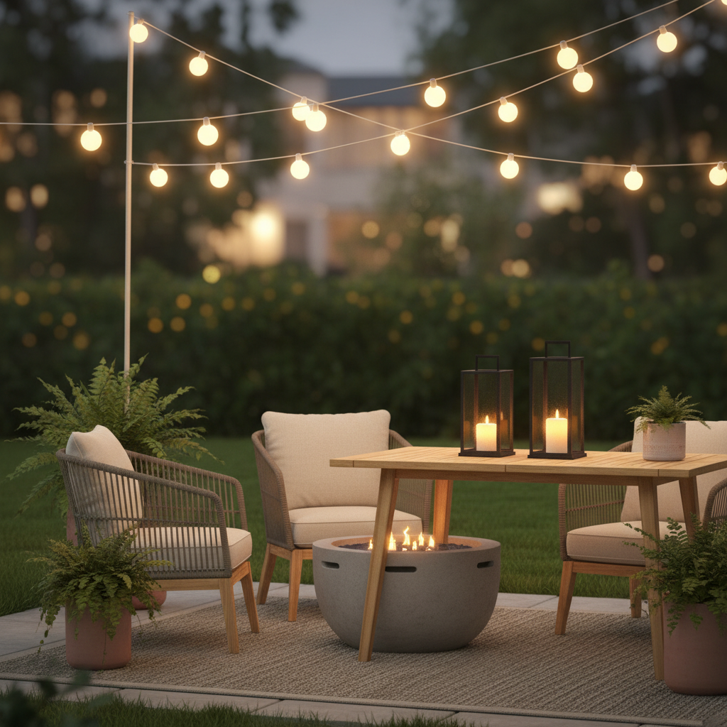 Cozy backyard patio with string lights and lanterns on a budget