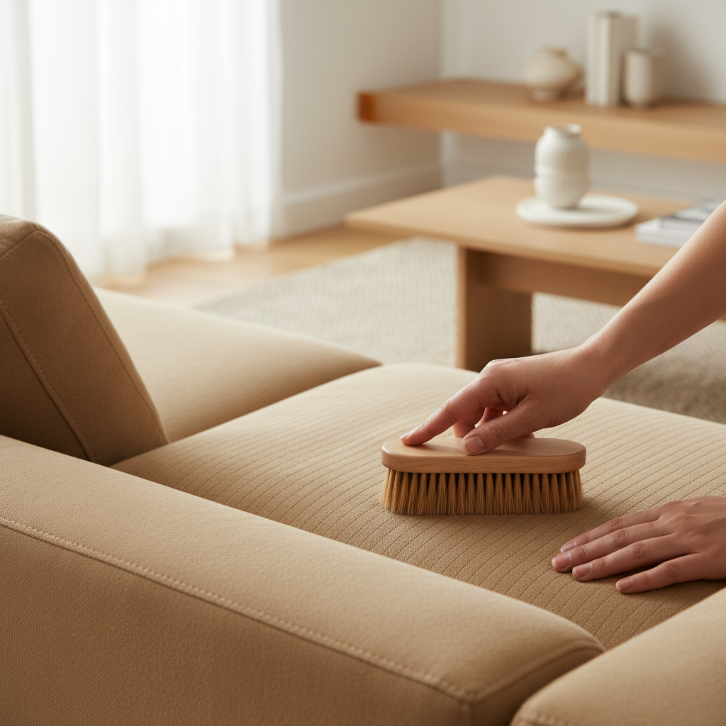 Brushing microfiber couch nap after cleaning to remove streaks and restore texture