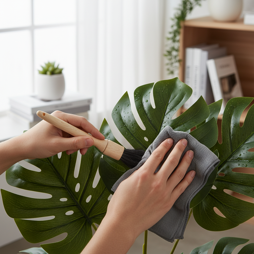 Detail cleaning artificial plant leaves with a soft brush for realistic finish