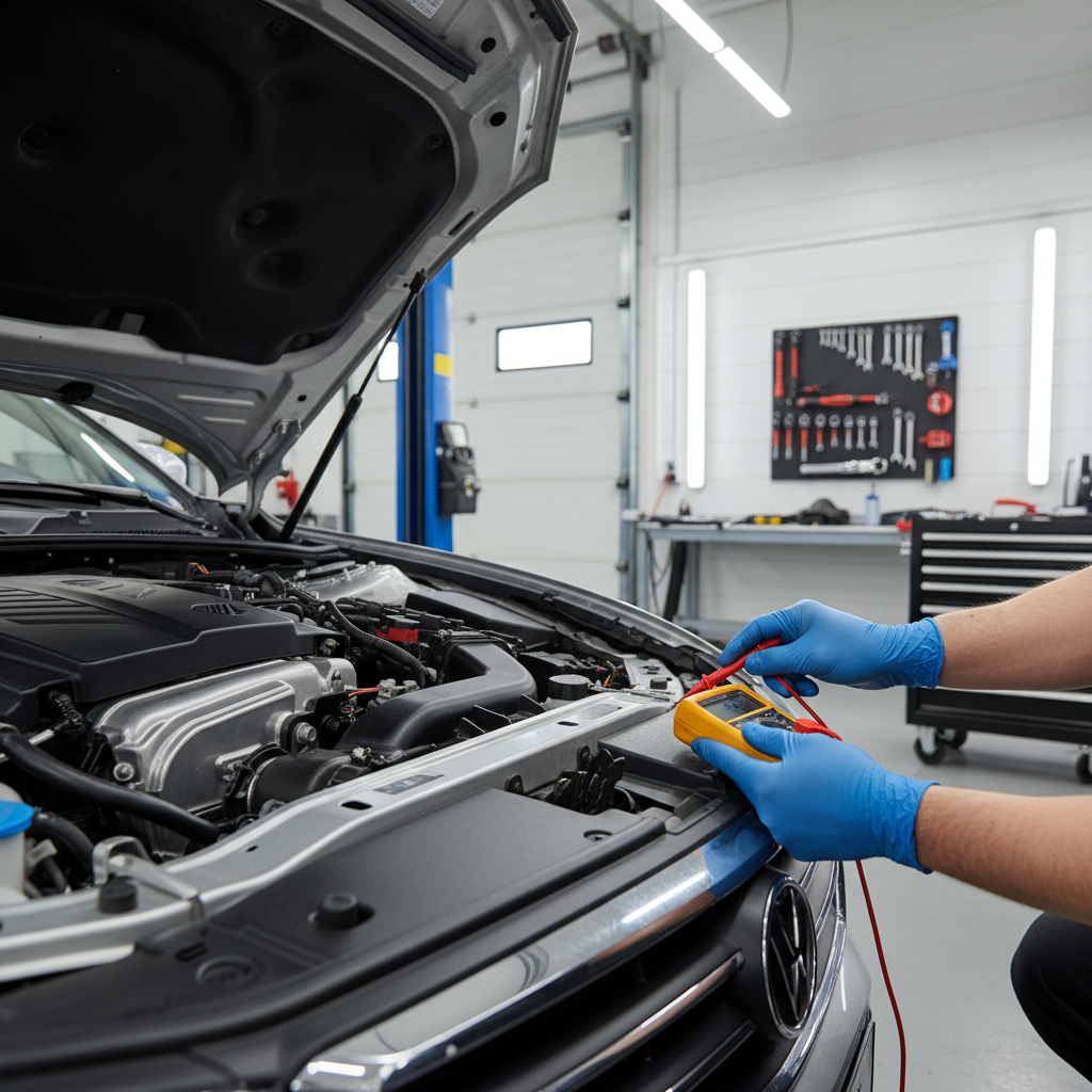 Mechanic testing car horn wiring with a multimeter at the front of the vehicle