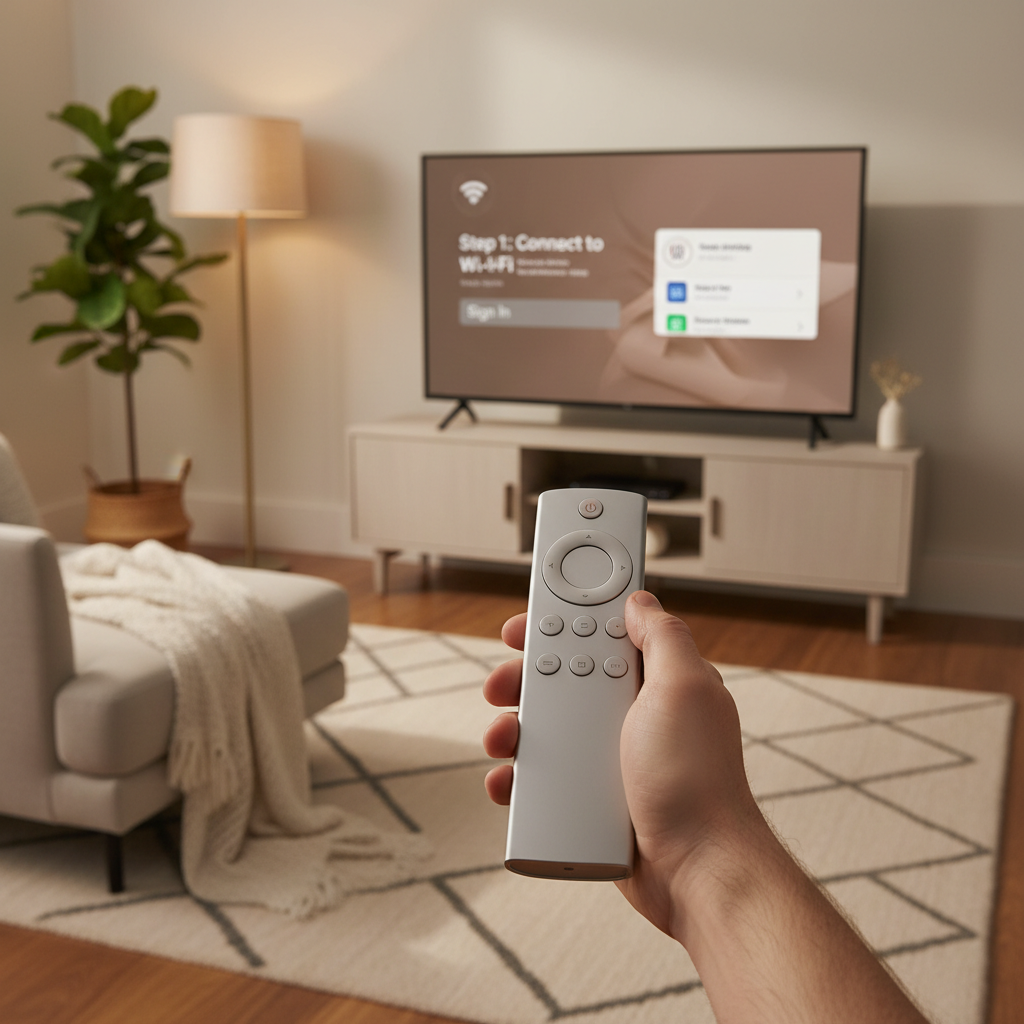 Person using a voice remote to set up a budget streaming TV box with clear on-screen steps