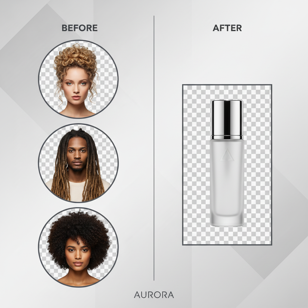 Comparison of cutout quality from online AI background removers with hair and product edges