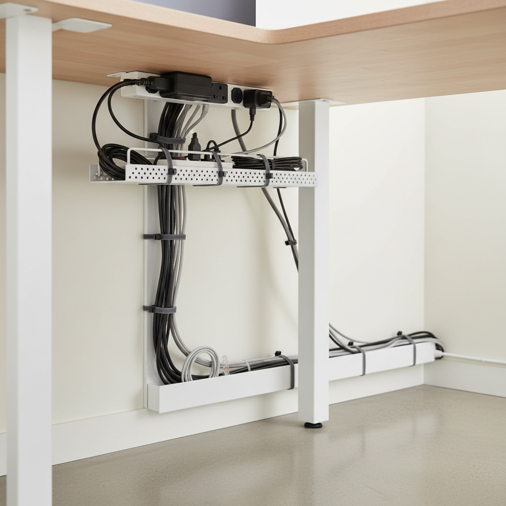 Minimal cable management under a corner desk with mounted power strip