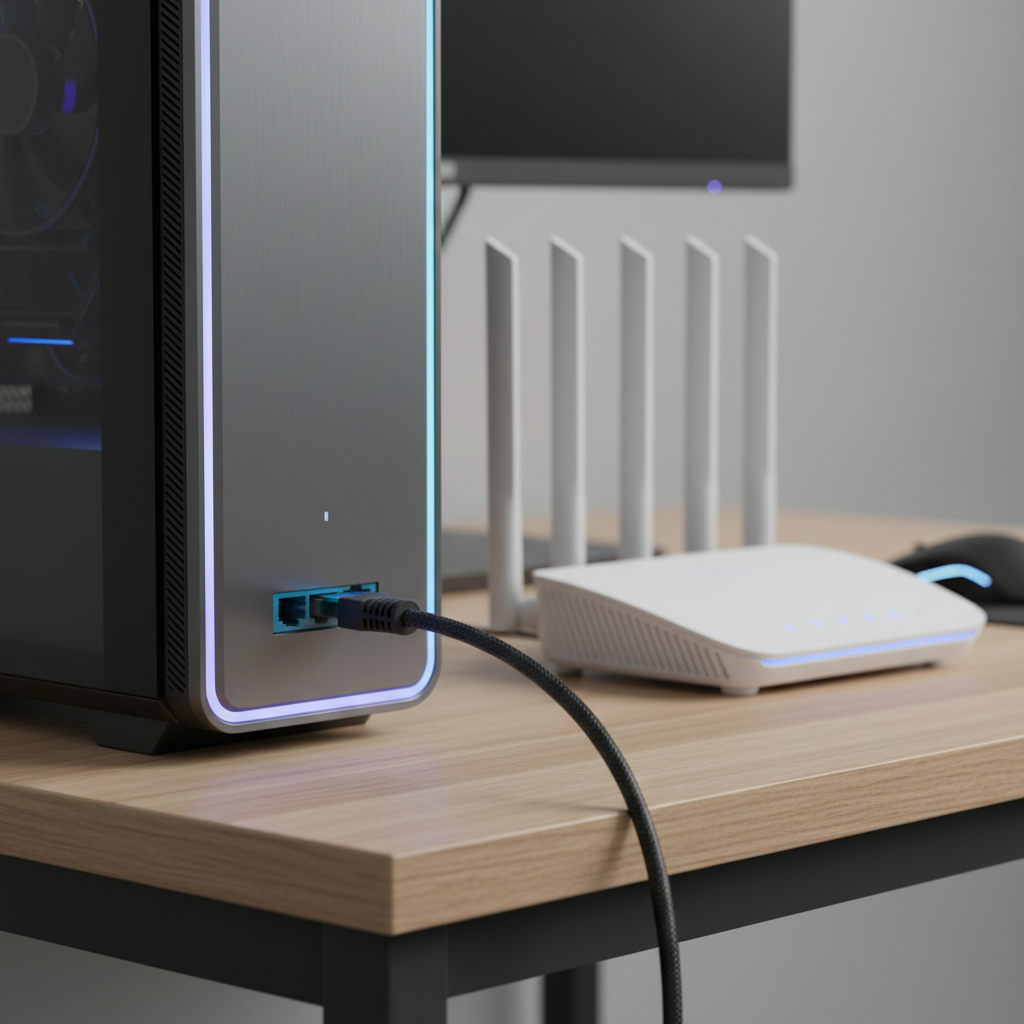 Ethernet cable connected to a gaming PC and router for lower ping