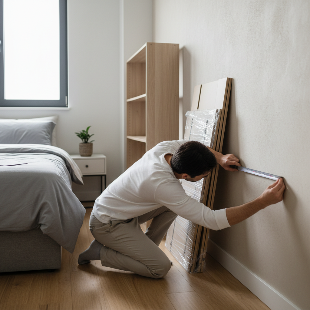 Measuring wall clearance for a narrow depth bookshelf in a small room