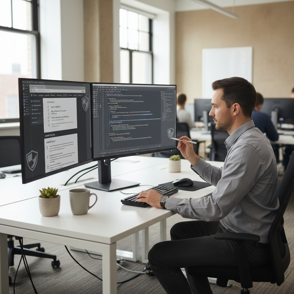 Developer reviewing code for security and checking documentation