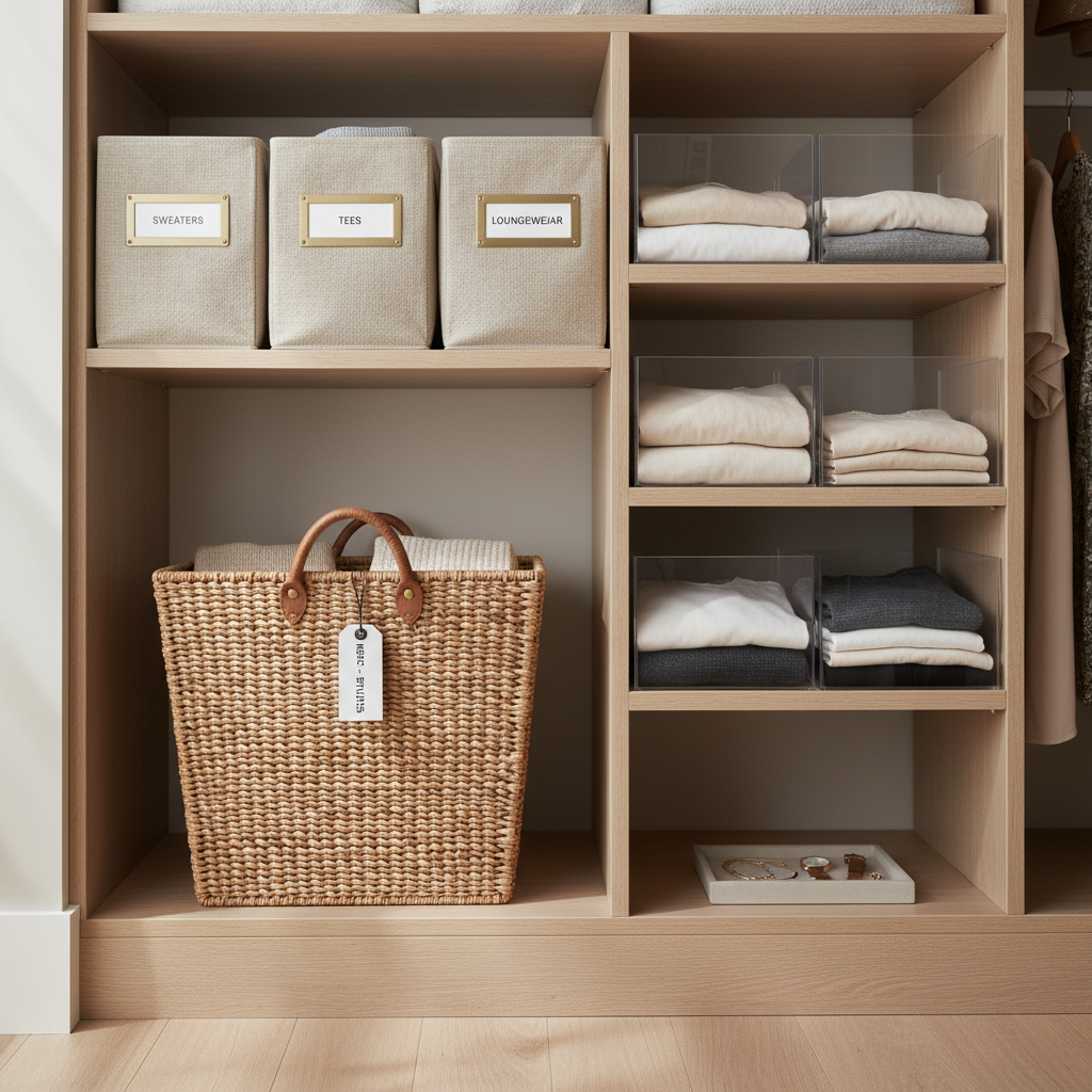 Walk-in closet organization with labeled bins, inbox basket, and segmented shelves