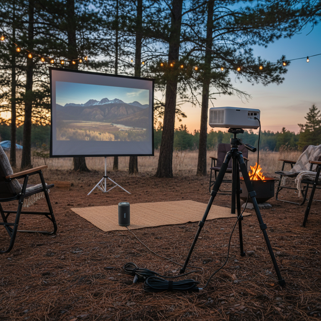 Outdoor projector screen setup with tripod, speaker, and cable management at a campsite